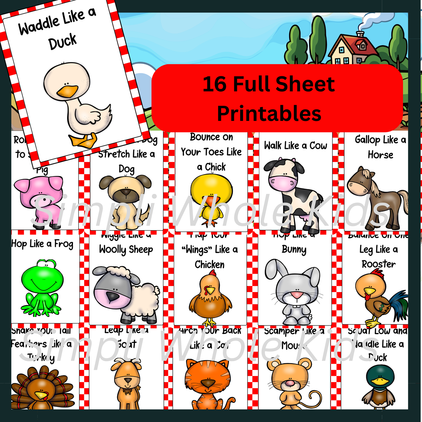 Farm animal movement cards with cartoon animals and text instructions on a red and white checkered background. Movement cards are great for classroom movement breaks or gross motor activities for toddlers