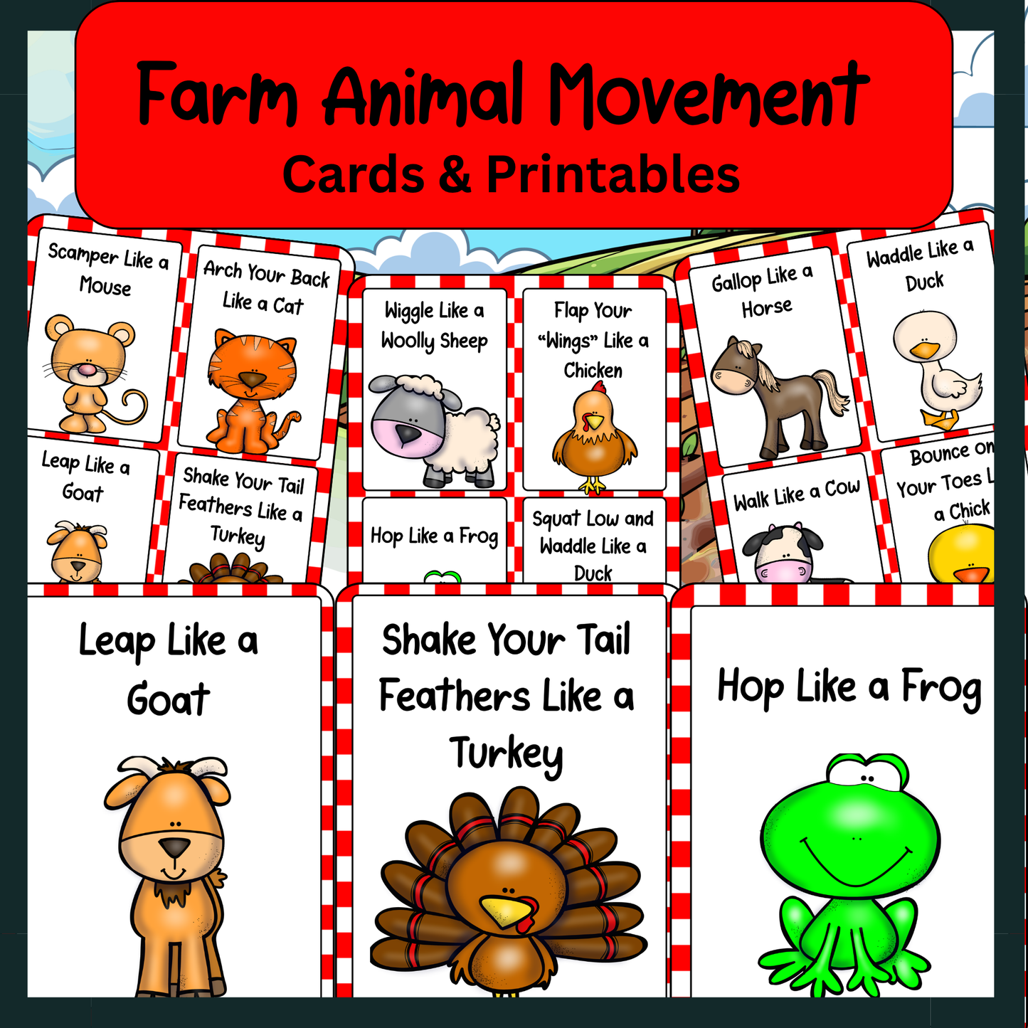 Farm animal movement cards with cartoon animals and text instructions on a red and white checkered background. Movement cards are great for classroom movement breaks or gross motor activities for toddlers