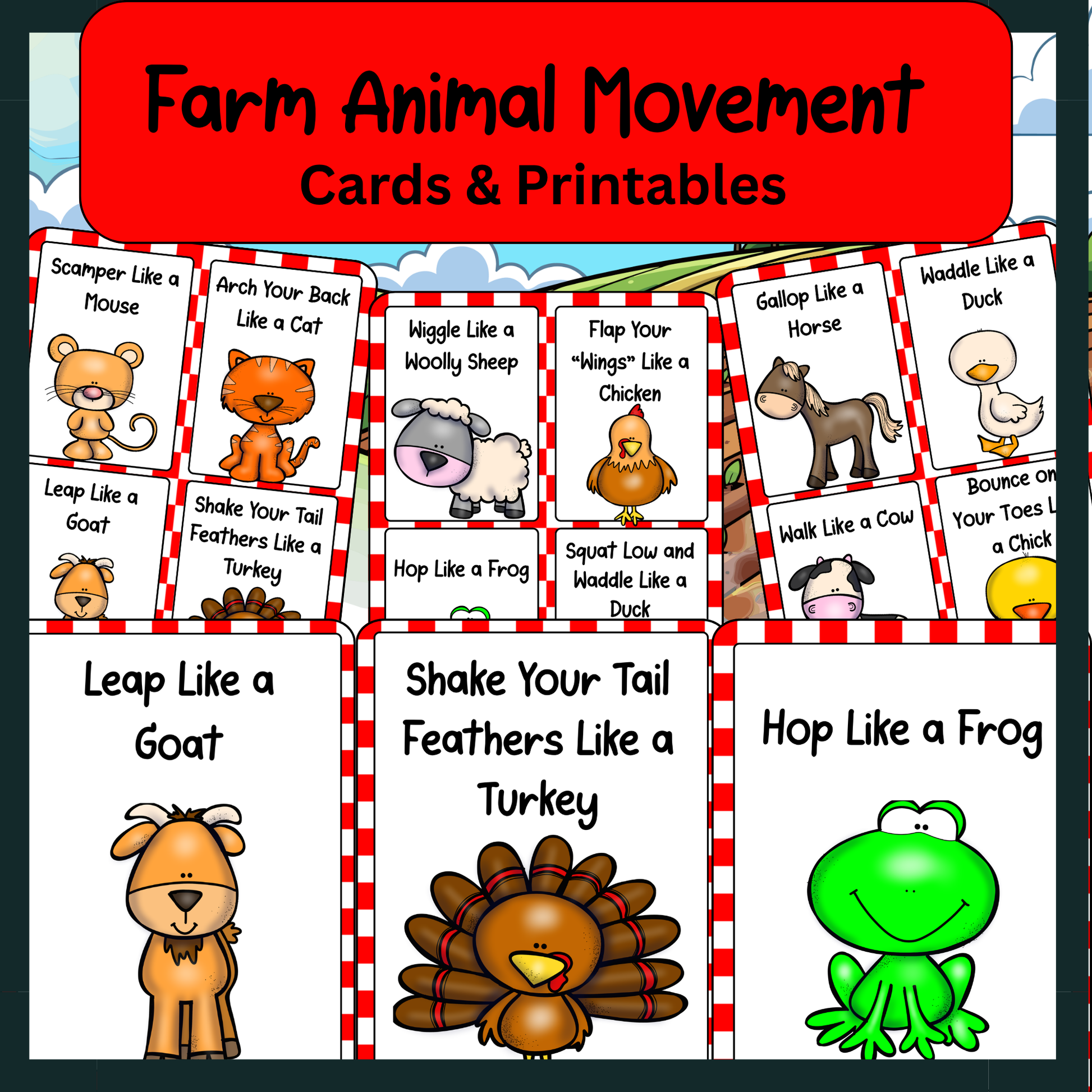 Farm animal movement cards with cartoon animals and text instructions on a red and white checkered background. Movement cards are great for classroom movement breaks or gross motor activities for toddlers