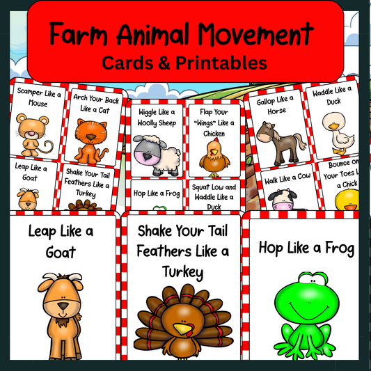 Farm animal movement cards with cartoon animals and text instructions on a red and white checkered background. Movement cards are great for classroom movement breaks or gross motor activities for toddlers