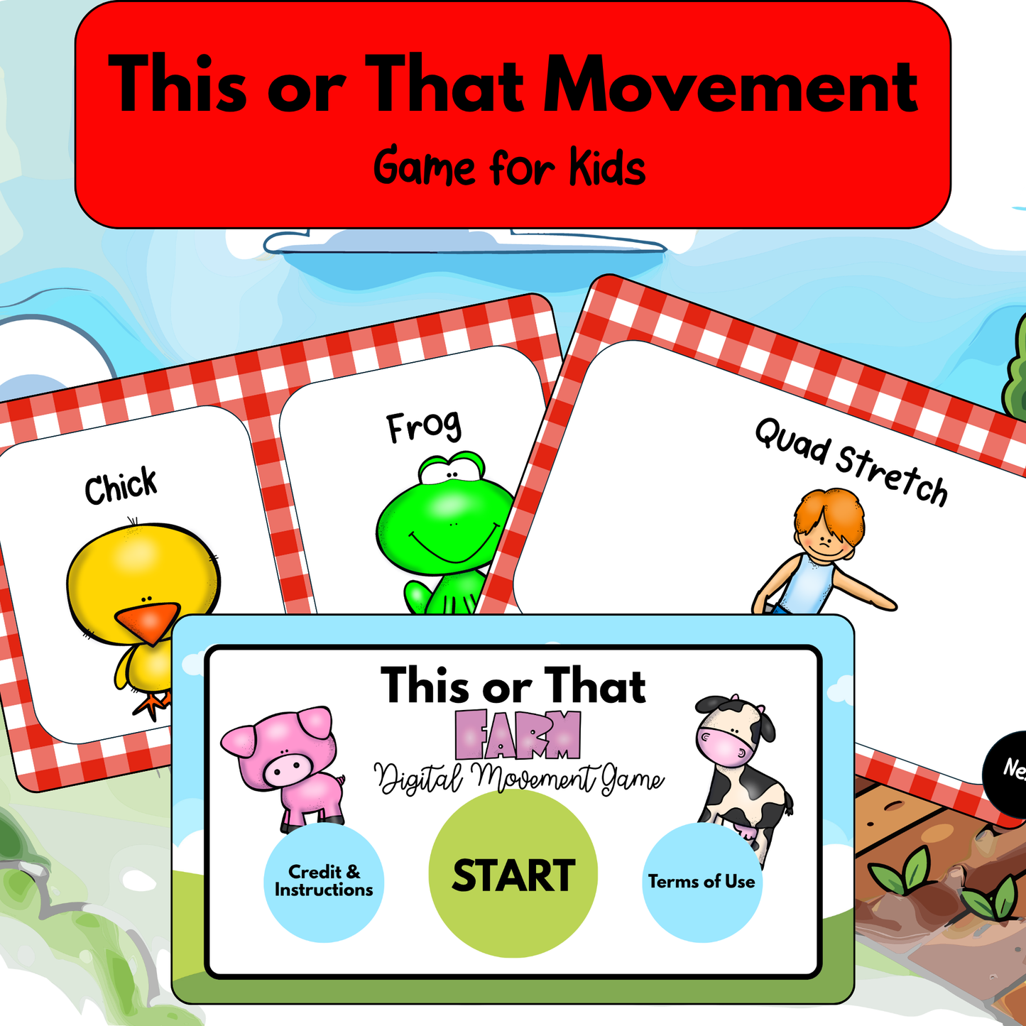A product mock-up graphic titled "This or That Movement Game for Kids" featuring a vibrant red header. The main image shows a digital tablet screen displaying the title page of the "This or That Farm Digital Movement Game," flanked by a playful cartoon pig and cow. Above the screen, three preview game cards with red and white checkered borders are fanned out, showcasing a yellow chick, a green frog, and a cartoon boy doing a quad stretch.