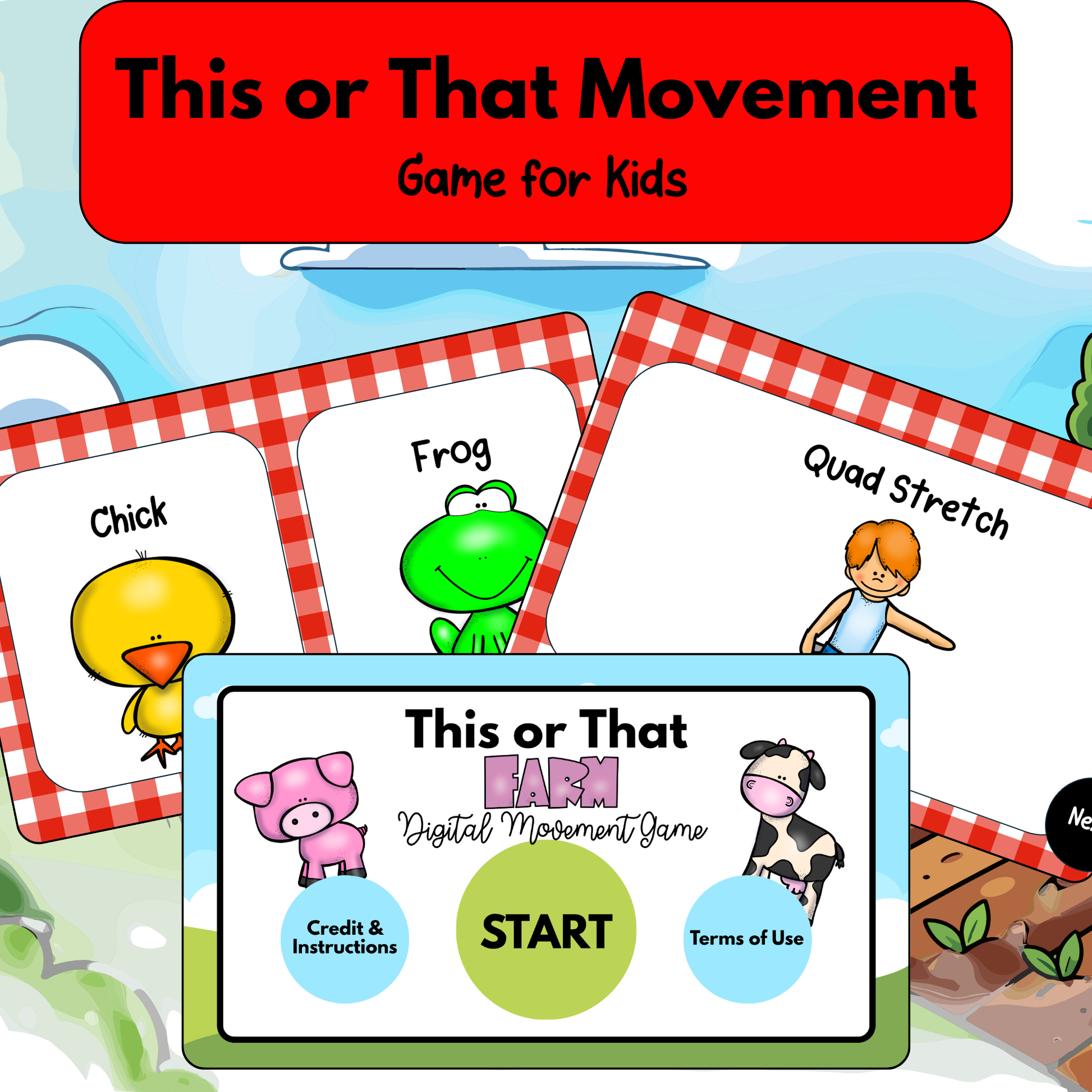 A product mock-up graphic titled "This or That Movement Game for Kids" featuring a vibrant red header. The main image shows a digital tablet screen displaying the title page of the "This or That Farm Digital Movement Game," flanked by a playful cartoon pig and cow. Above the screen, three preview game cards with red and white checkered borders are fanned out, showcasing a yellow chick, a green frog, and a cartoon boy doing a quad stretch.