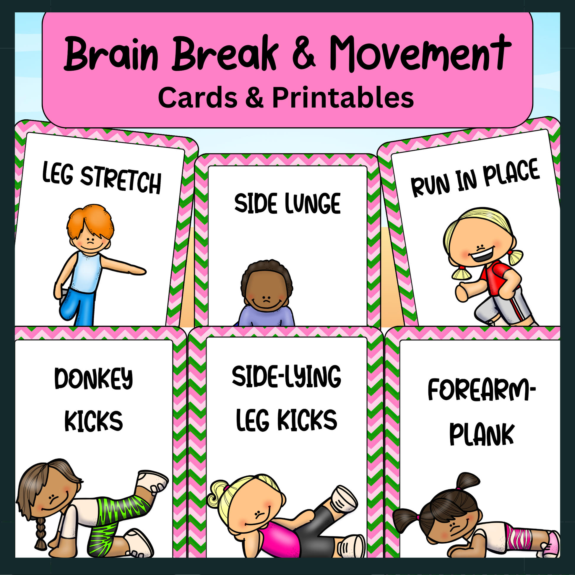 Printable Workout Movement Cards template shown on a tablet screen, featuring colorful pediatric physical therapy exercise prompts. Ideal for structured brain breaks for classroom management and sensory regulation.