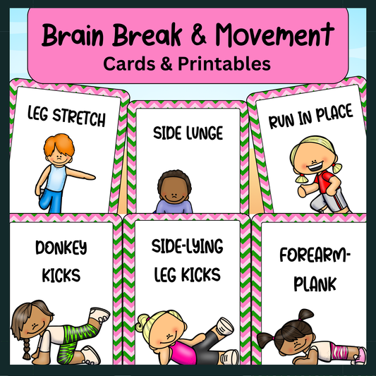 Printable Workout Movement Cards template shown on a tablet screen, featuring colorful pediatric physical therapy exercise prompts. Ideal for structured brain breaks for classroom management and sensory regulation.