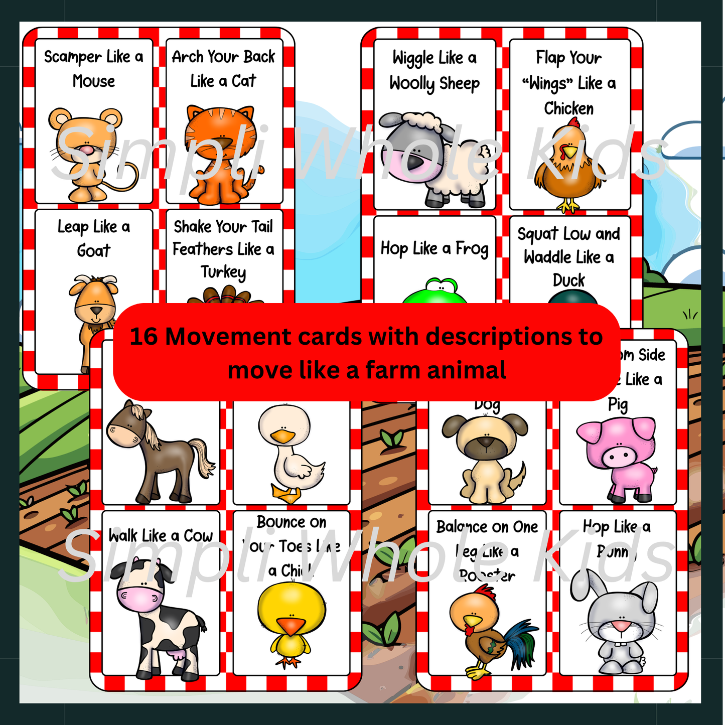 Farm animal movement cards with cartoon animals and text instructions on a red and white checkered background. Movement cards are great for classroom movement breaks or gross motor activities for toddlers
