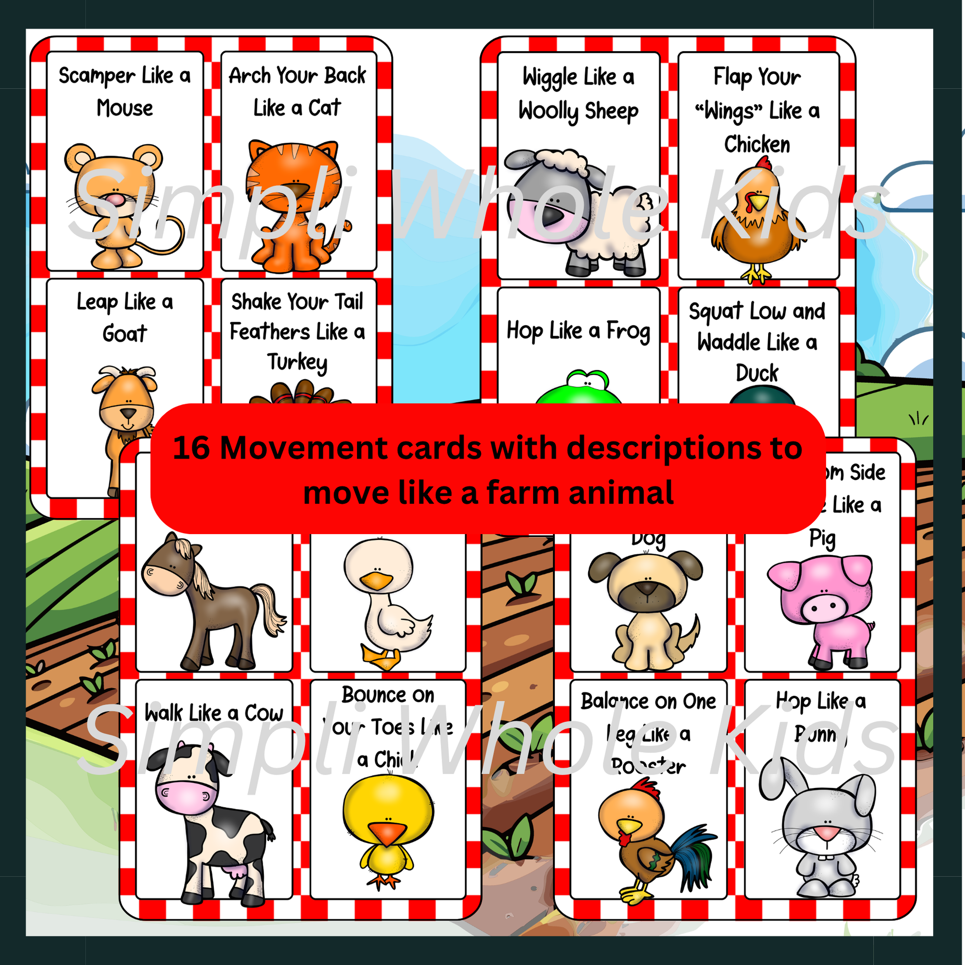 Farm animal movement cards with cartoon animals and text instructions on a red and white checkered background. Movement cards are great for classroom movement breaks or gross motor activities for toddlers