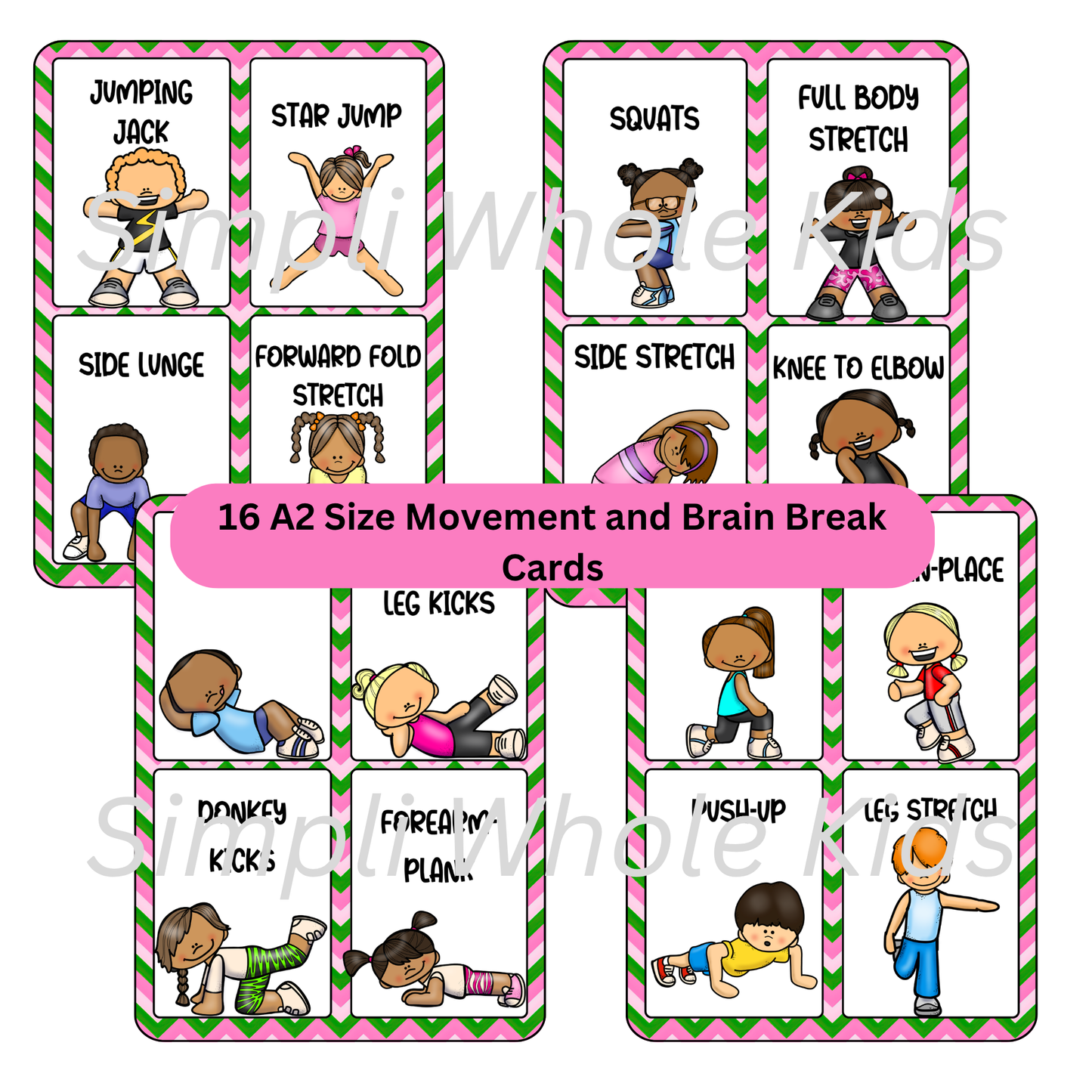 A collection of printed gross motor activities for preschoolers arranged cleanly on a flat surface, showing visual workout cards like squats and jumping jacks designed by a pediatric physical therapist.
