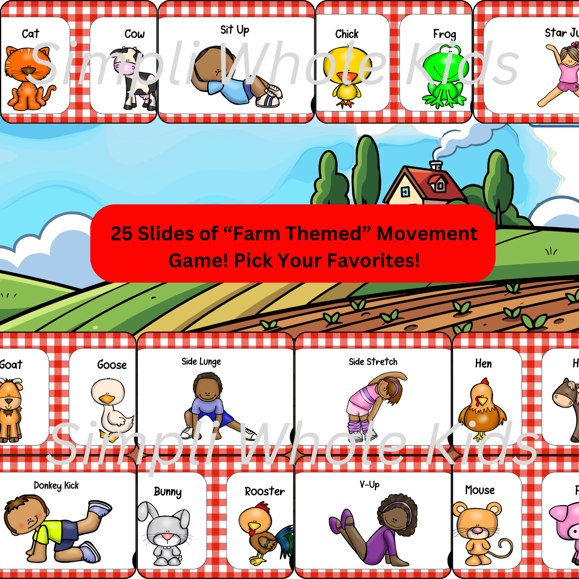 Farm-themed movement game cards with illustrations of animals and corresponding actions on a checkered border.