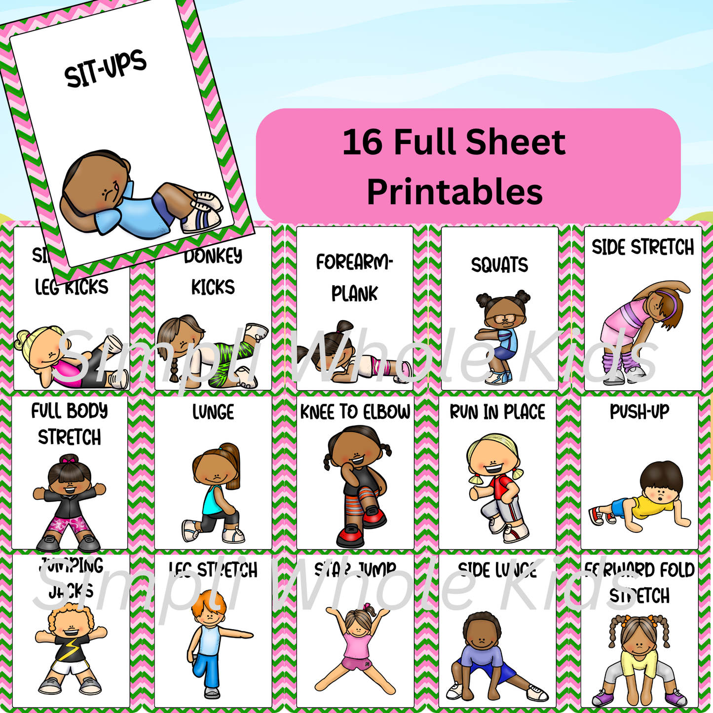 Close-up mockup of a digital pediatric exercise card pack, displaying various structured physical prompts used for quick, engaging movement breaks in classrooms to improve student focus.