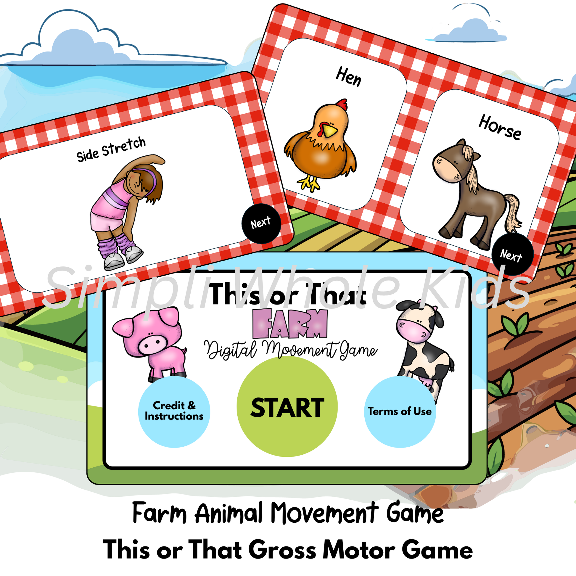 Farm animal movement game with cards and digital interface on a checkered background