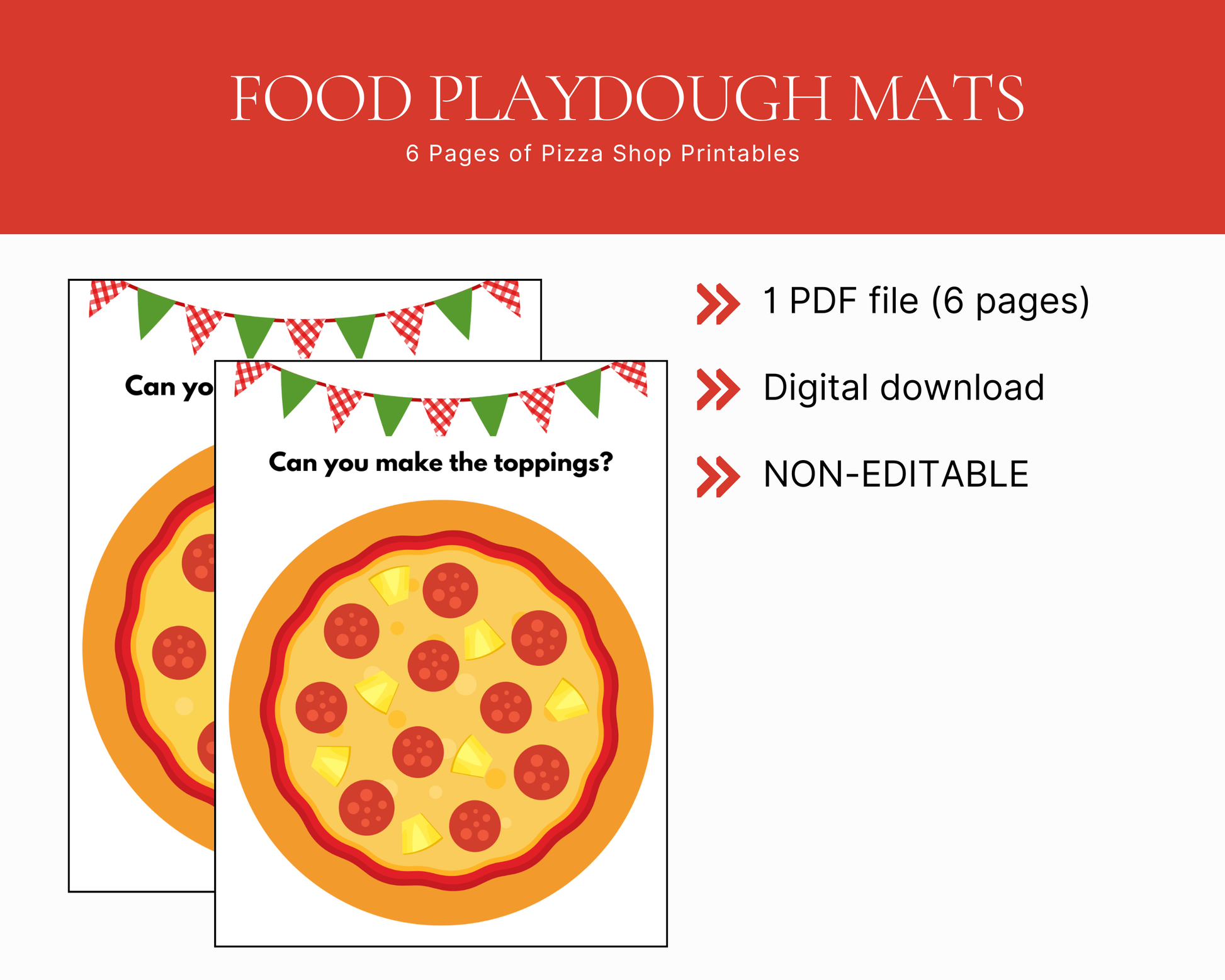 Promotional graphic for 'Food Playdough Mats' showing two pizza-themed printable sheets with red, white, and green bunting and pizza illustrations. Text on the red header reads 'FOOD PLAYDOUGH MATS' and '6 Pages of Pizza Shop Printables.