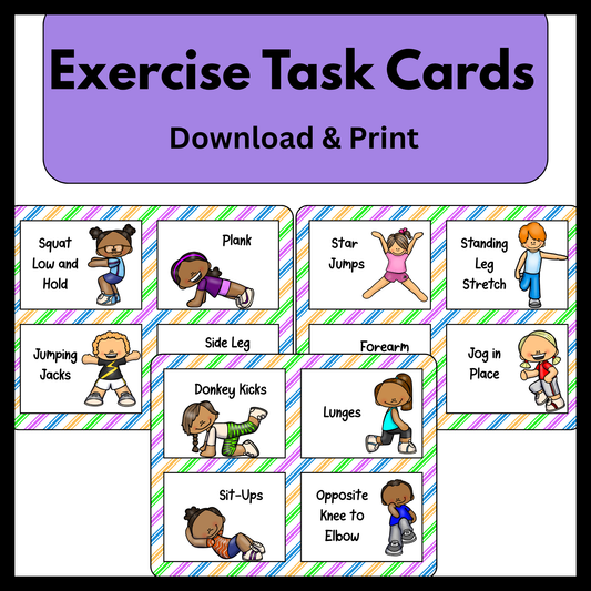 A product cover image for a digital download titled "Exercise Task Cards" in a purple banner. Below the title, a grid of colorful, striped-border cards features cartoon illustrations of diverse children demonstrating physical exercises, including low squats, planks, star jumps, standing leg stretches, jumping jacks, donkey kicks, lunges, sit-ups, and opposite knee-to-elbow movements.