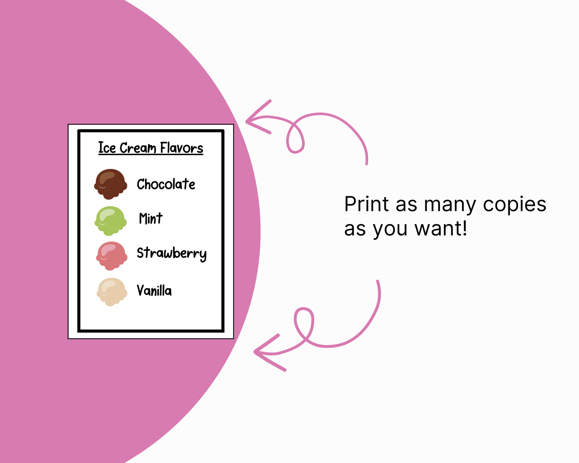 Clean promotional graphic featuring a prominent pink curved shape on the left that frames an "Ice Cream Flavors" menu page template. Two pink curly hand-drawn arrows point toward the menu sheet from the white background on the right, which contains the black descriptive text: "Print as many copies as you want!".