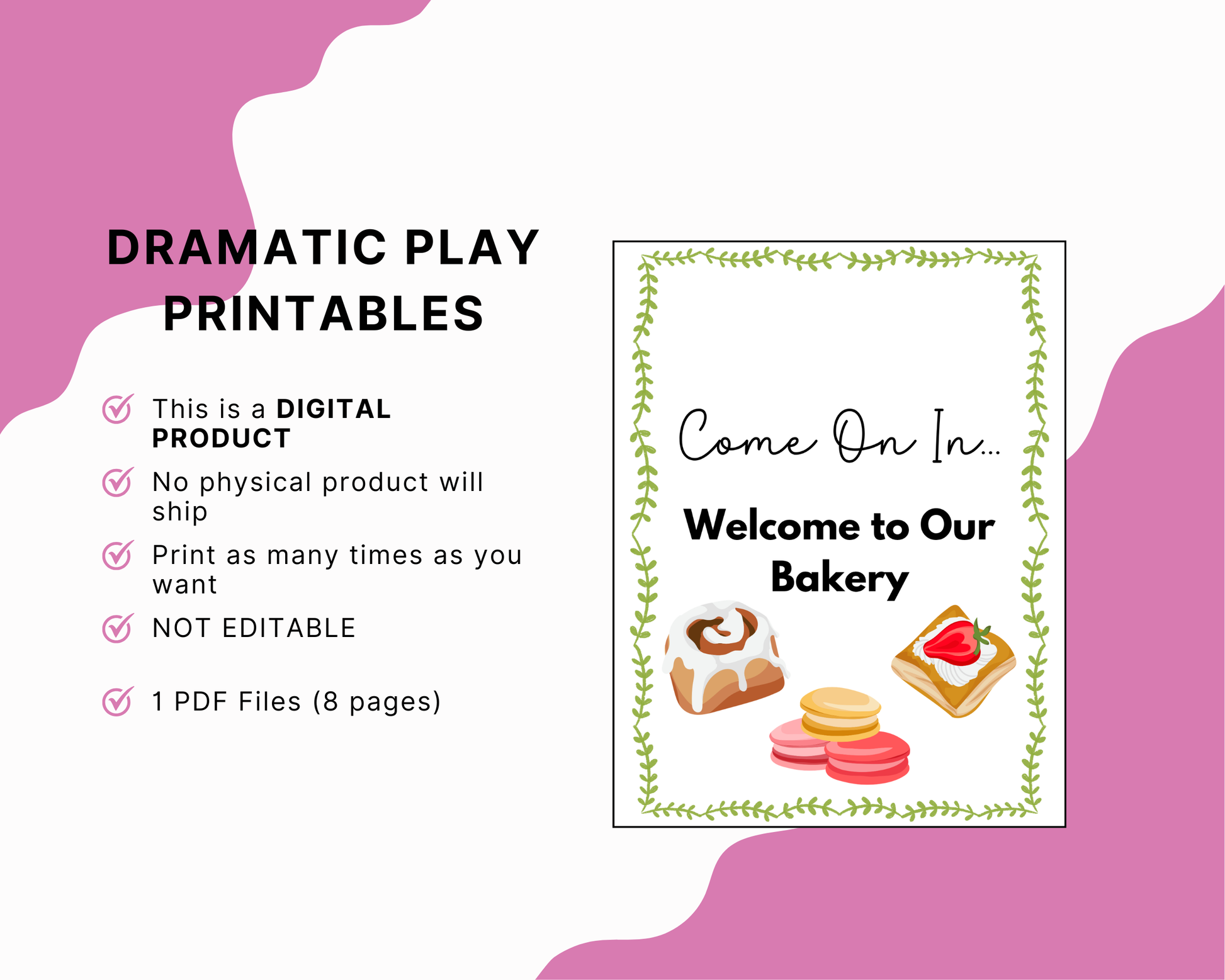 Digital product preview for a printable 'Welcome to Our Bakery' template, showing a pink and white layout with product details and a sample printable page with pastries.