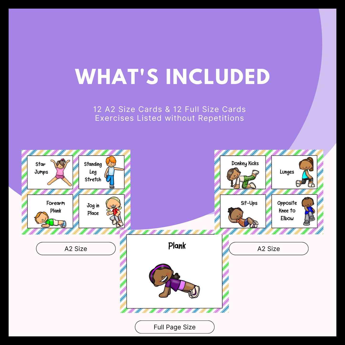 A product breakdown graphic with a purple header that reads "WHAT'S INCLUDED: 12 A2 Size Cards & 12 Full Size Cards, Exercises Listed without Repetitions." Below, the two layout sizes are demonstrated with labeled buttons: two smaller grid layouts labeled "A2 Size" containing multiple miniature cards, and one large single card in the center labeled "Full Page Size" showing a child doing a plank.
