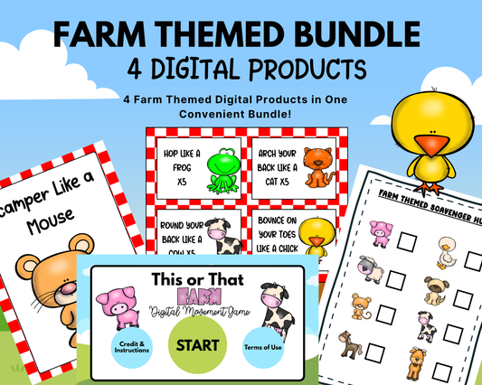Product mockup bundle graphic titled "FARM THEMED BUNDLE 4 DIGITAL PRODUCTS" against a bright blue sky and white cloud background. The image showcases previews of the "This or That Farm Digital Movement Game", a "Farm Themed Scavenger Hunt" checklist sheet, and checkered red-and-white farm animal gross motor cards featuring a mouse, frog, cat, cow, and chick.